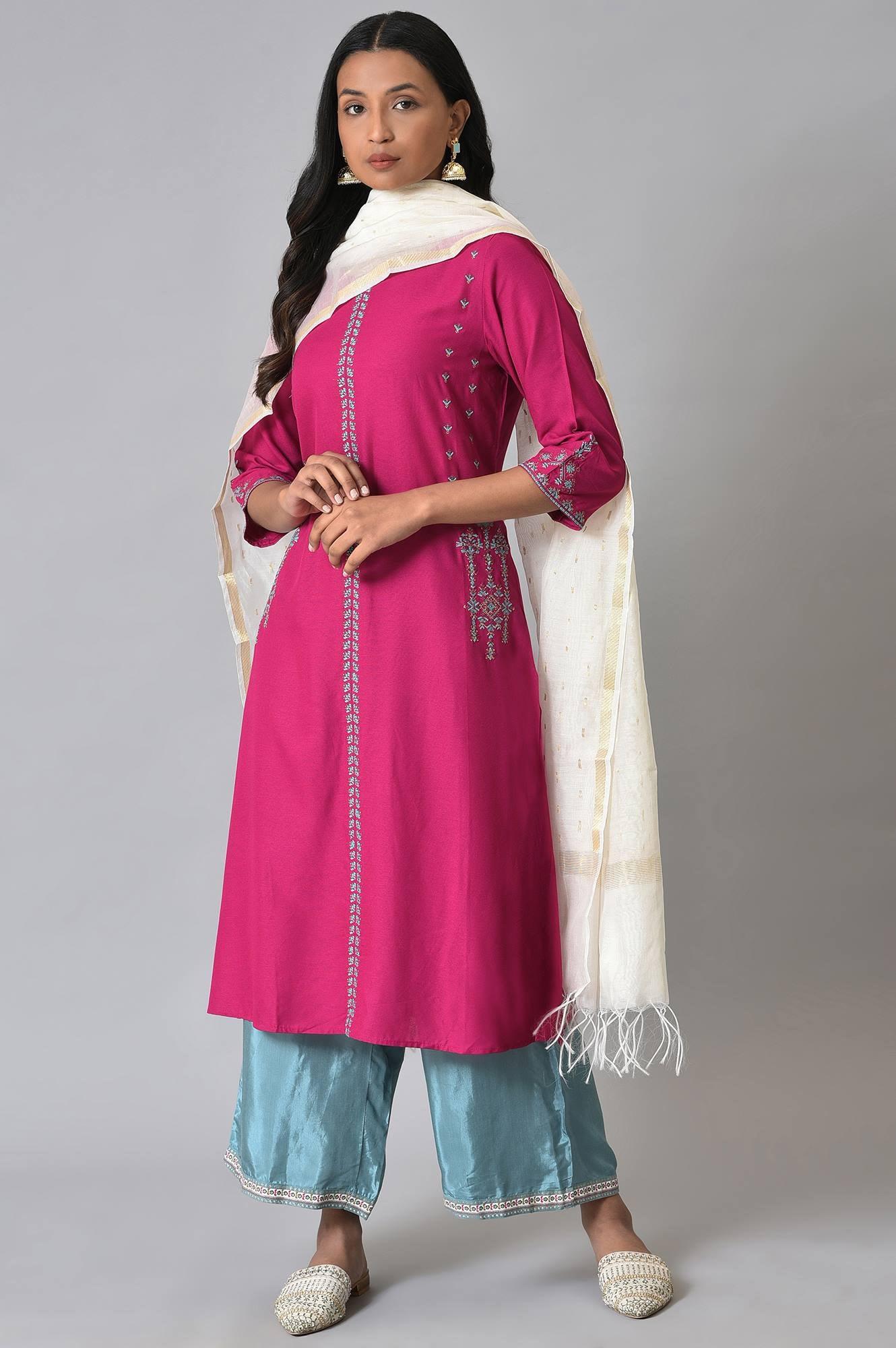 Dark Pink Embroidered kurta With Blue Parallel Pants And White Chanderi Dupatta - wforwoman