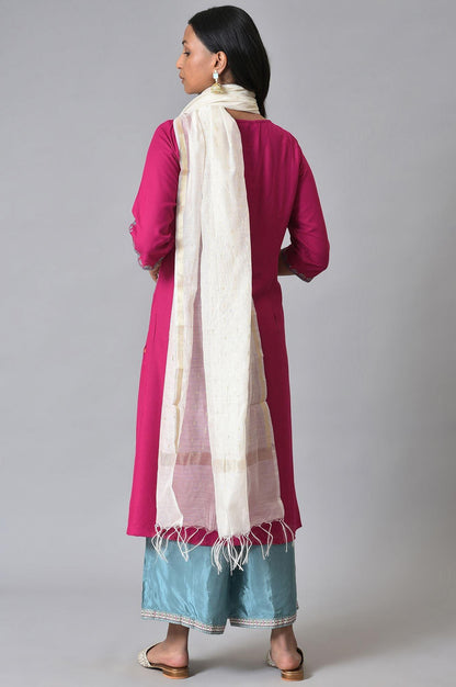 Dark Pink Embroidered kurta With Blue Parallel Pants And White Chanderi Dupatta - wforwoman