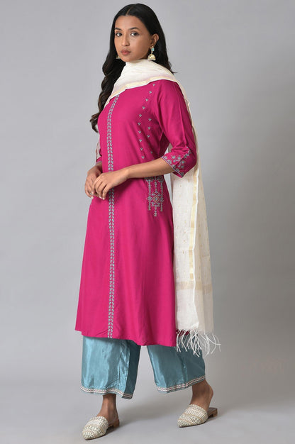 Dark Pink Embroidered kurta With Blue Parallel Pants And White Chanderi Dupatta - wforwoman