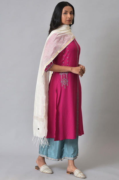 Dark Pink Embroidered kurta With Blue Parallel Pants And White Chanderi Dupatta - wforwoman