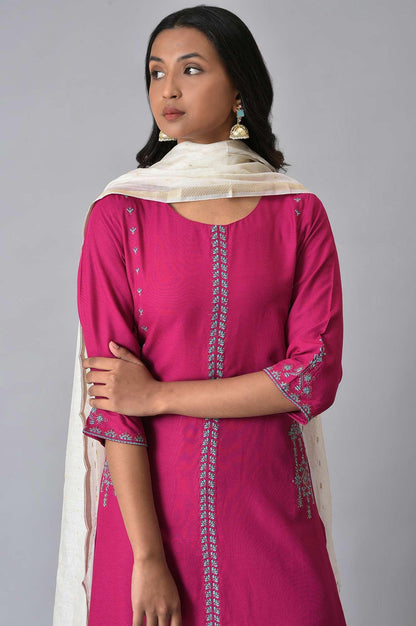 Dark Pink Embroidered kurta With Blue Parallel Pants And White Chanderi Dupatta - wforwoman