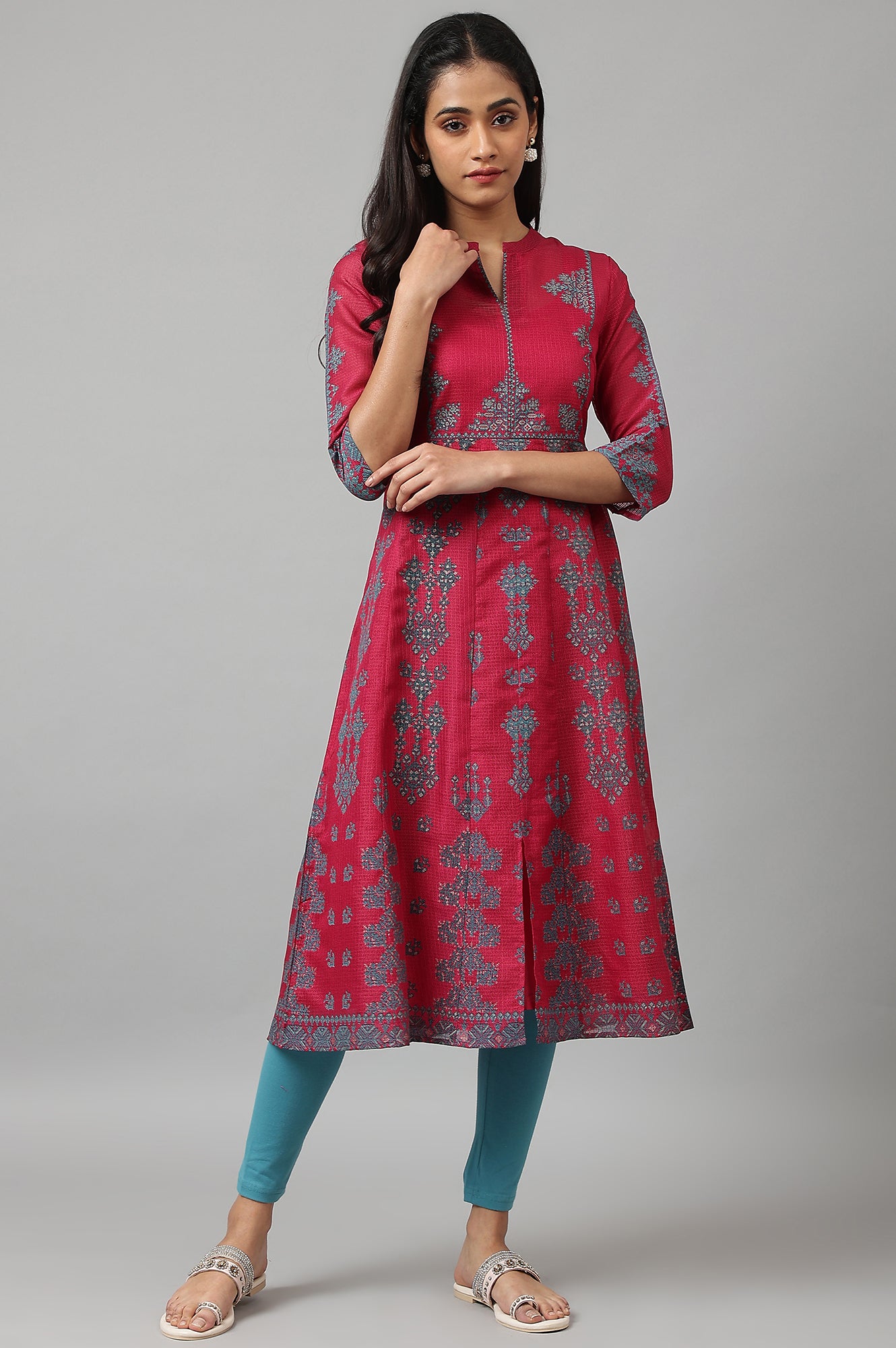 Dark Pink Kota kurta With Inner And Blue Tights