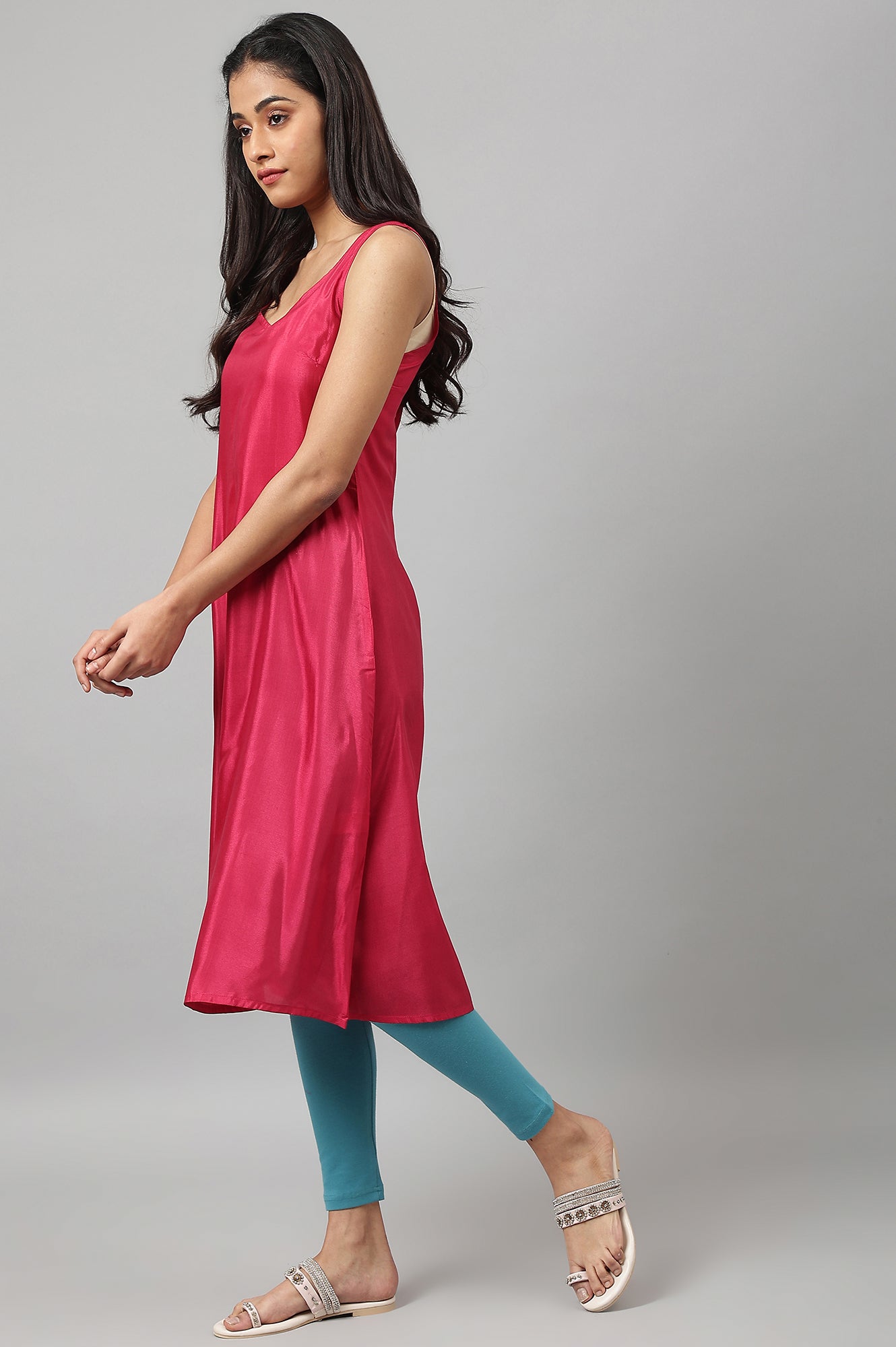 Dark Pink Kota kurta With Inner And Blue Tights