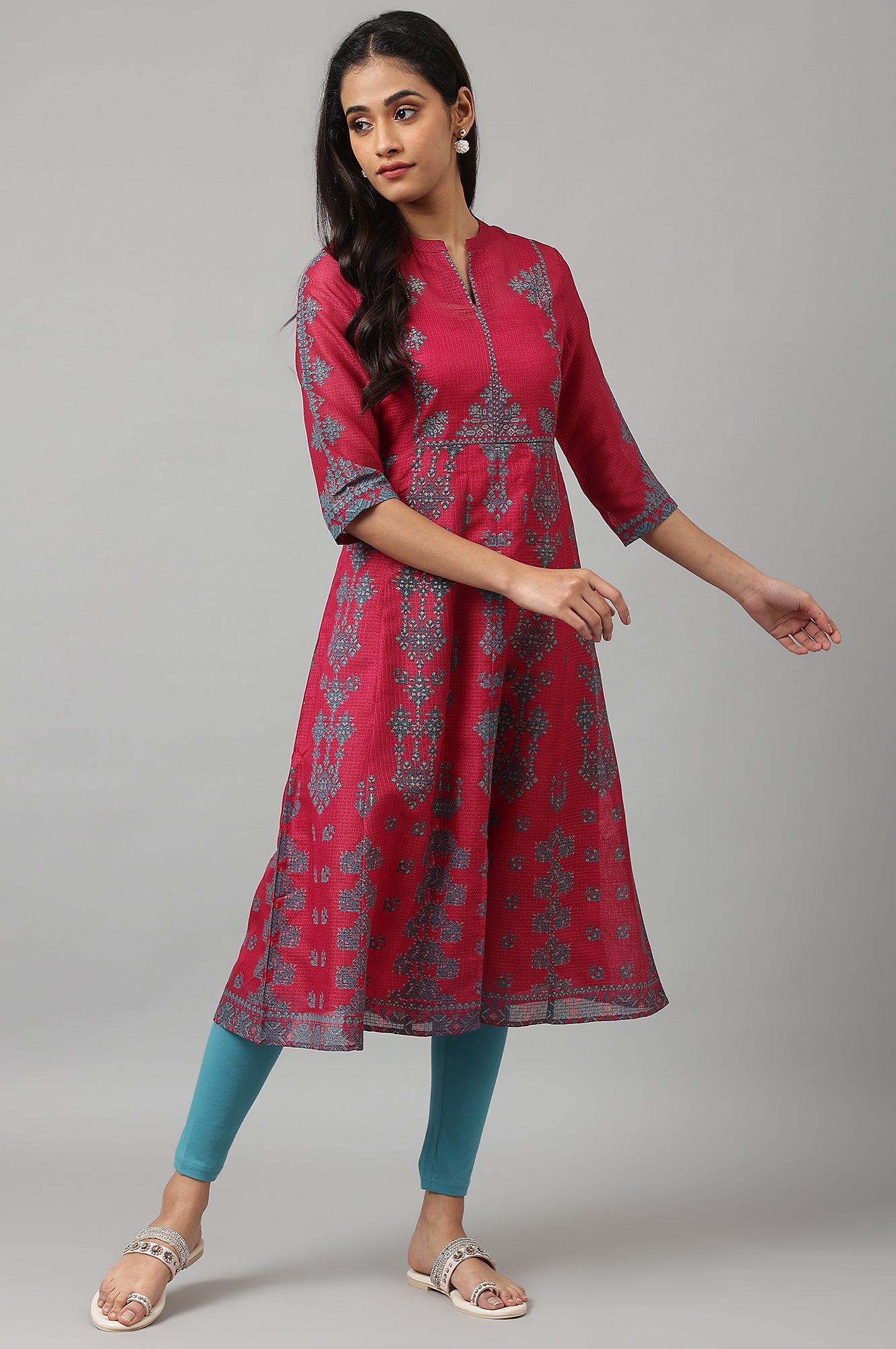 Dark Pink Kota kurta With Inner And Blue Tights