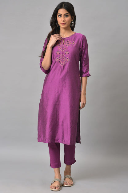 Purple Festive Shantung kurta With Slim Pants - wforwoman