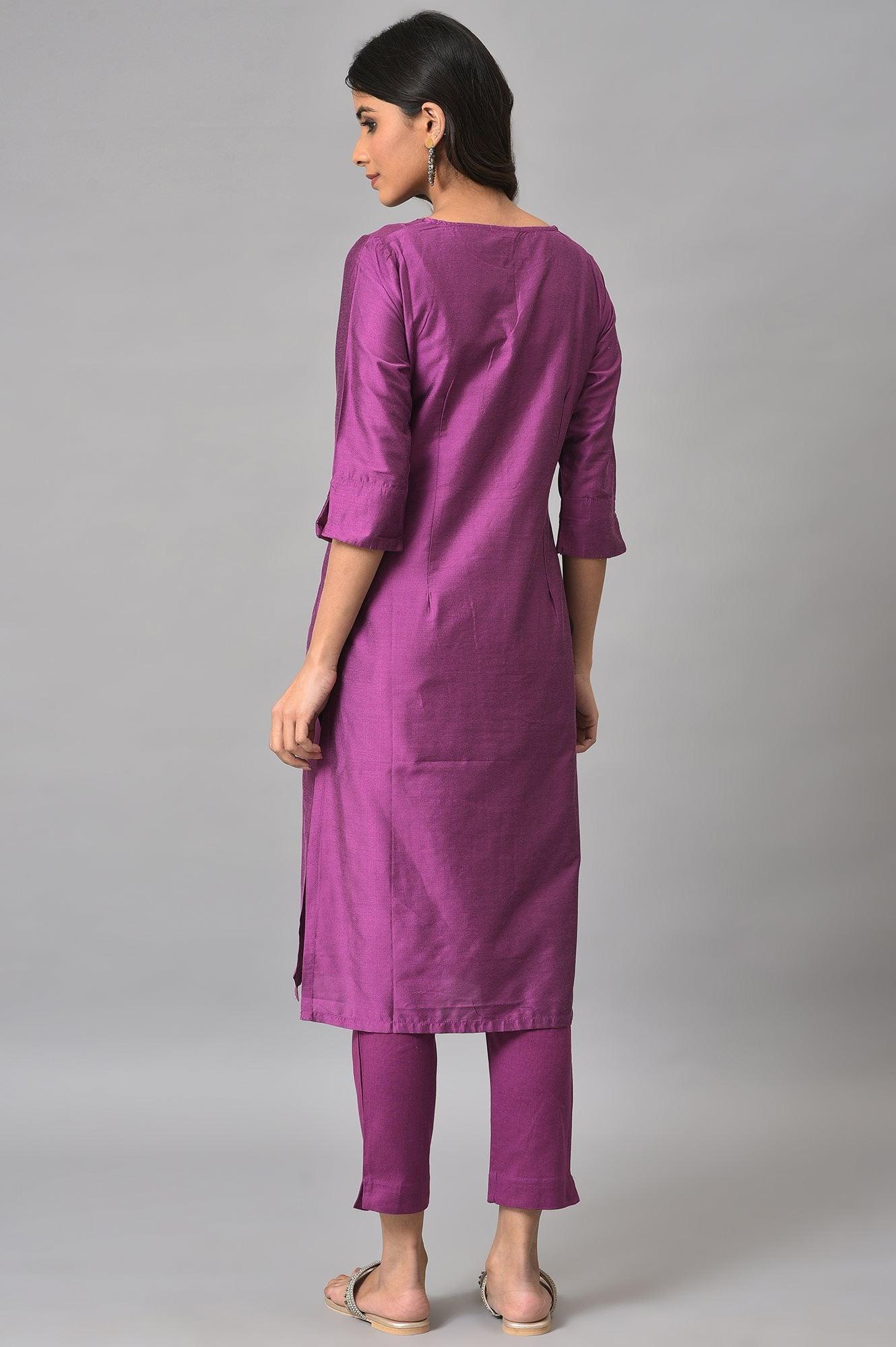 Purple Festive Shantung kurta With Slim Pants - wforwoman