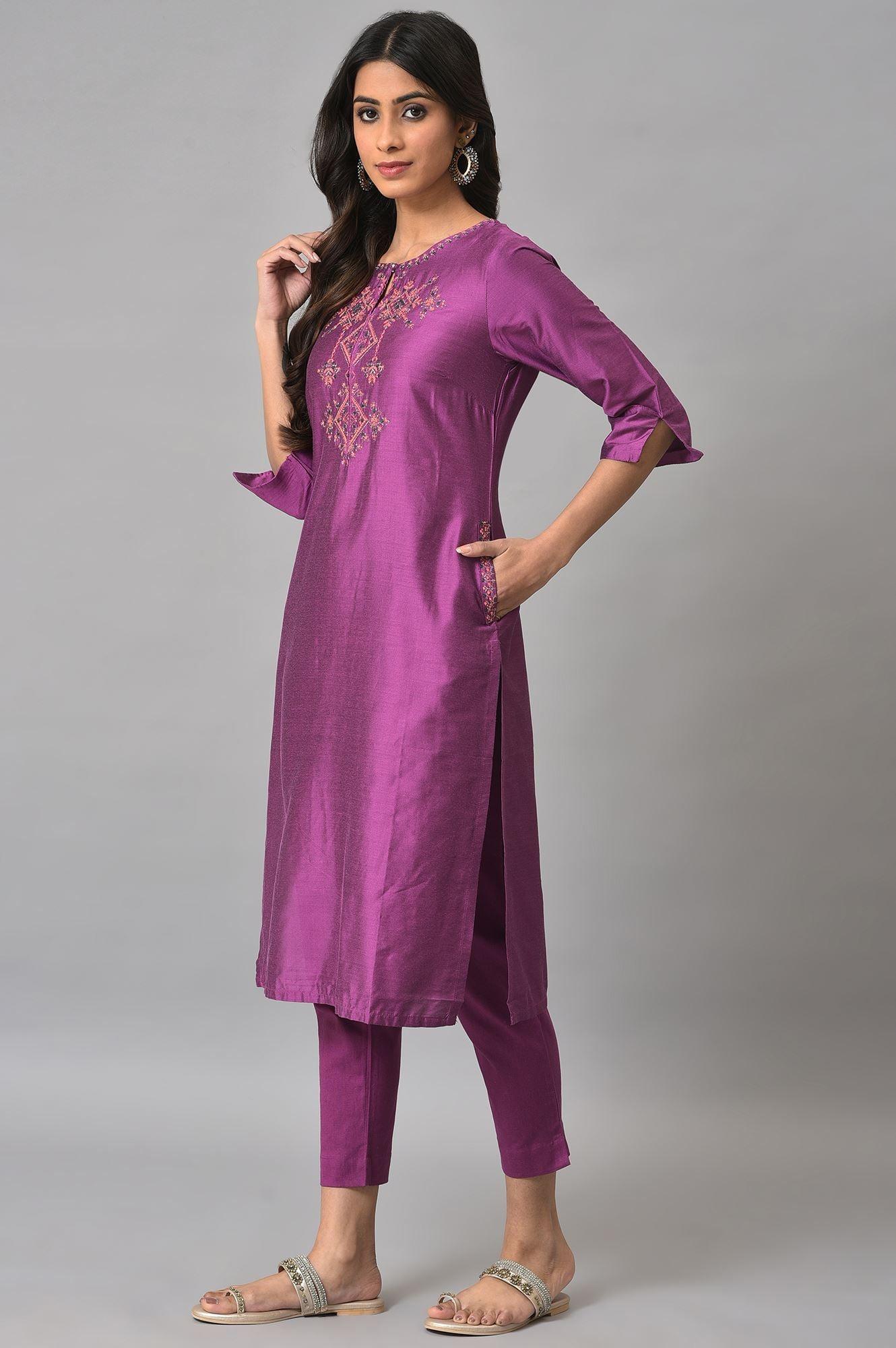 Purple Festive Shantung kurta With Slim Pants - wforwoman