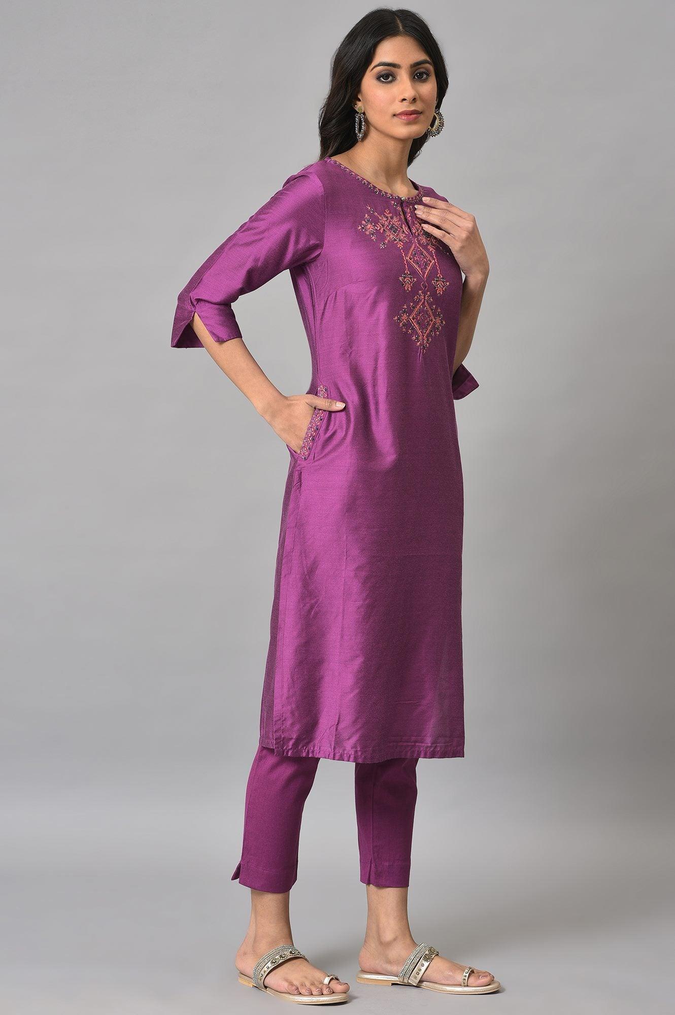 Purple Festive Shantung kurta With Slim Pants - wforwoman