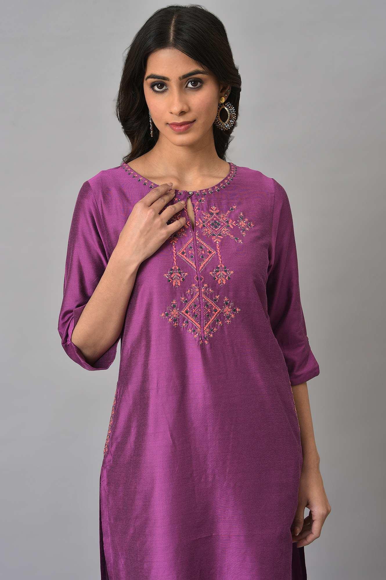 Purple Festive Shantung kurta With Slim Pants - wforwoman