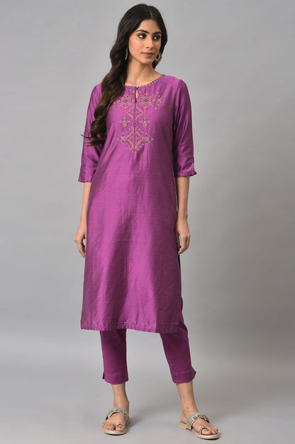 Purple Festive Shantung kurta With Slim Pants - wforwoman