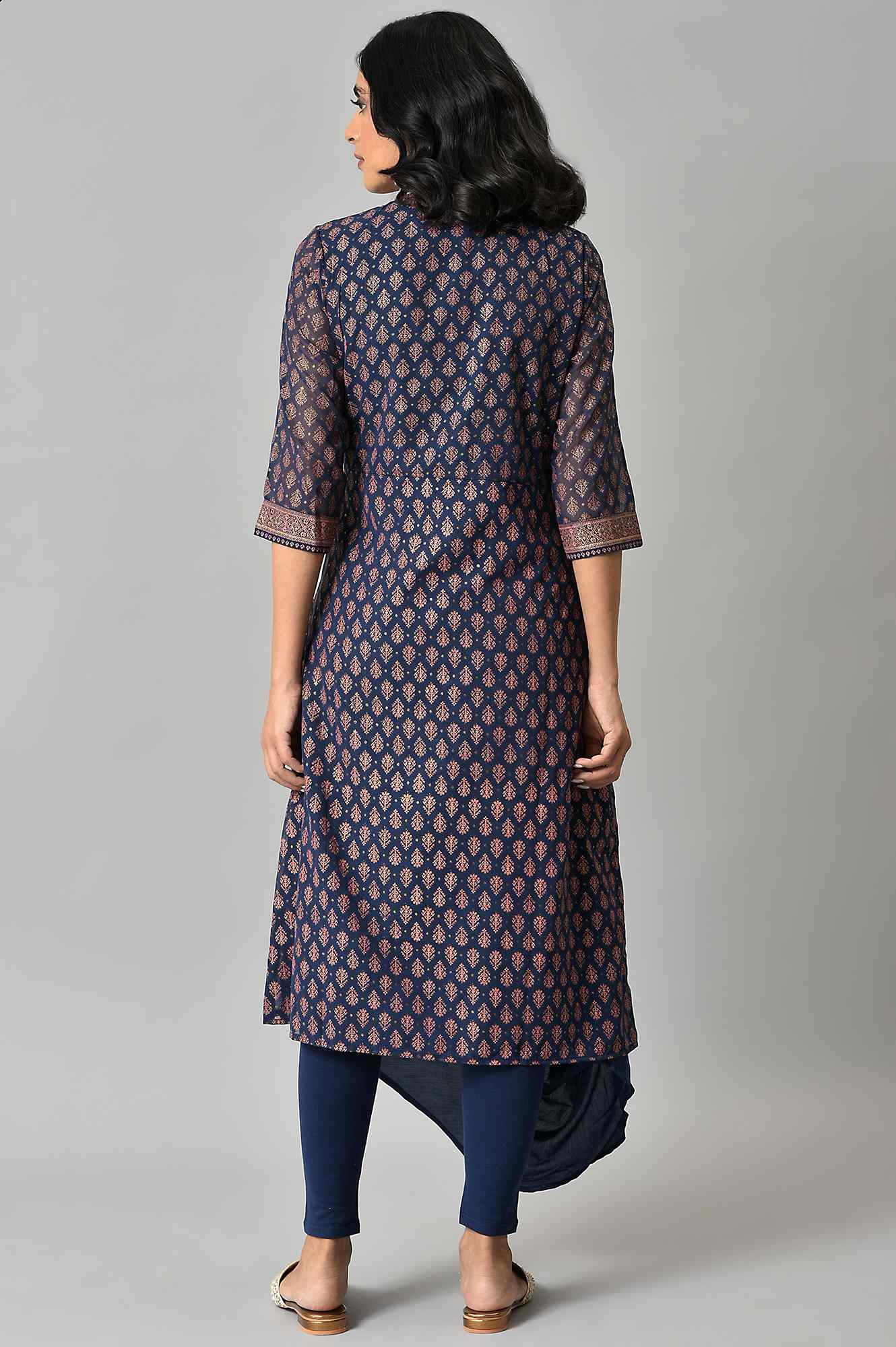 Blue Printed A-Line Cowl kurta With Tights