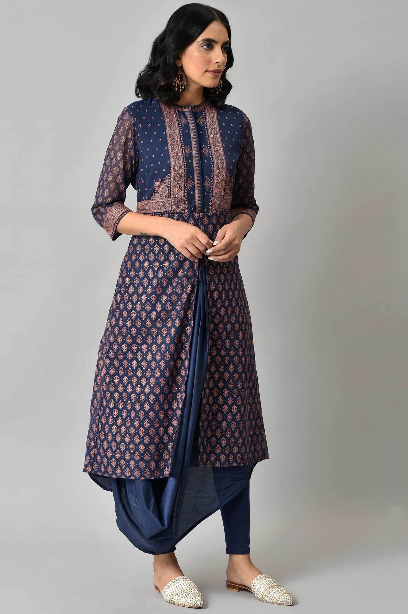 Blue Printed A-Line Cowl kurta With Tights