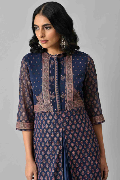 Blue Printed A-Line Cowl kurta With Tights