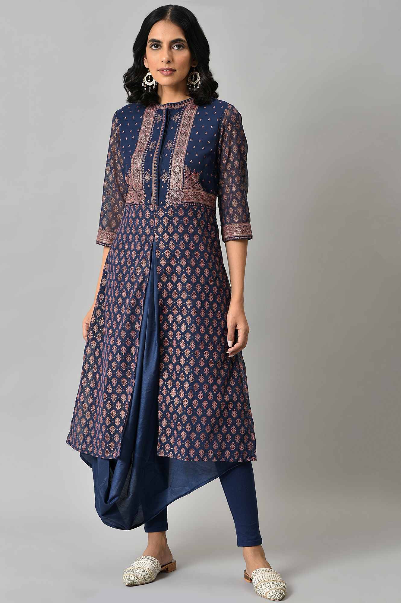 Blue Printed A-Line Cowl kurta With Tights