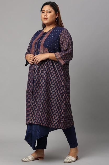 Plus Size Blue Printed A-Line Cowl kurta With Tights - wforwoman