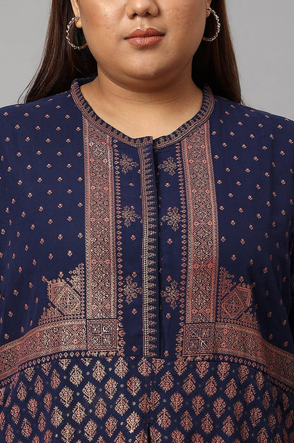 Plus Size Blue Printed A-Line Cowl kurta With Tights - wforwoman