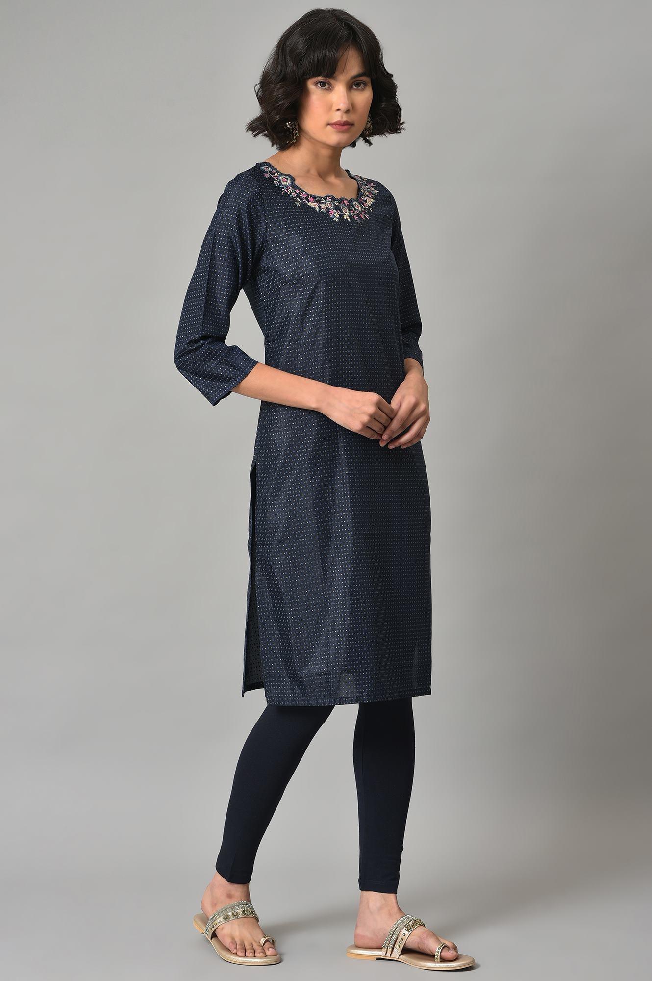 Dark Blue Embroidered kurta With Tights - wforwoman