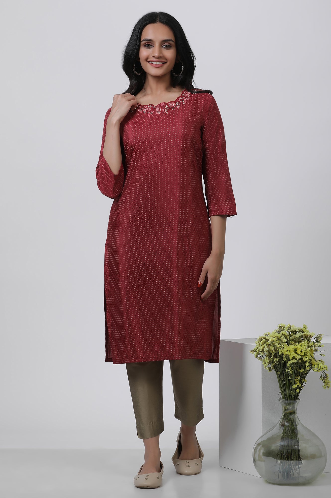 Buy Maroon Embroidered Kurta And Pants Set 2999 W for woman