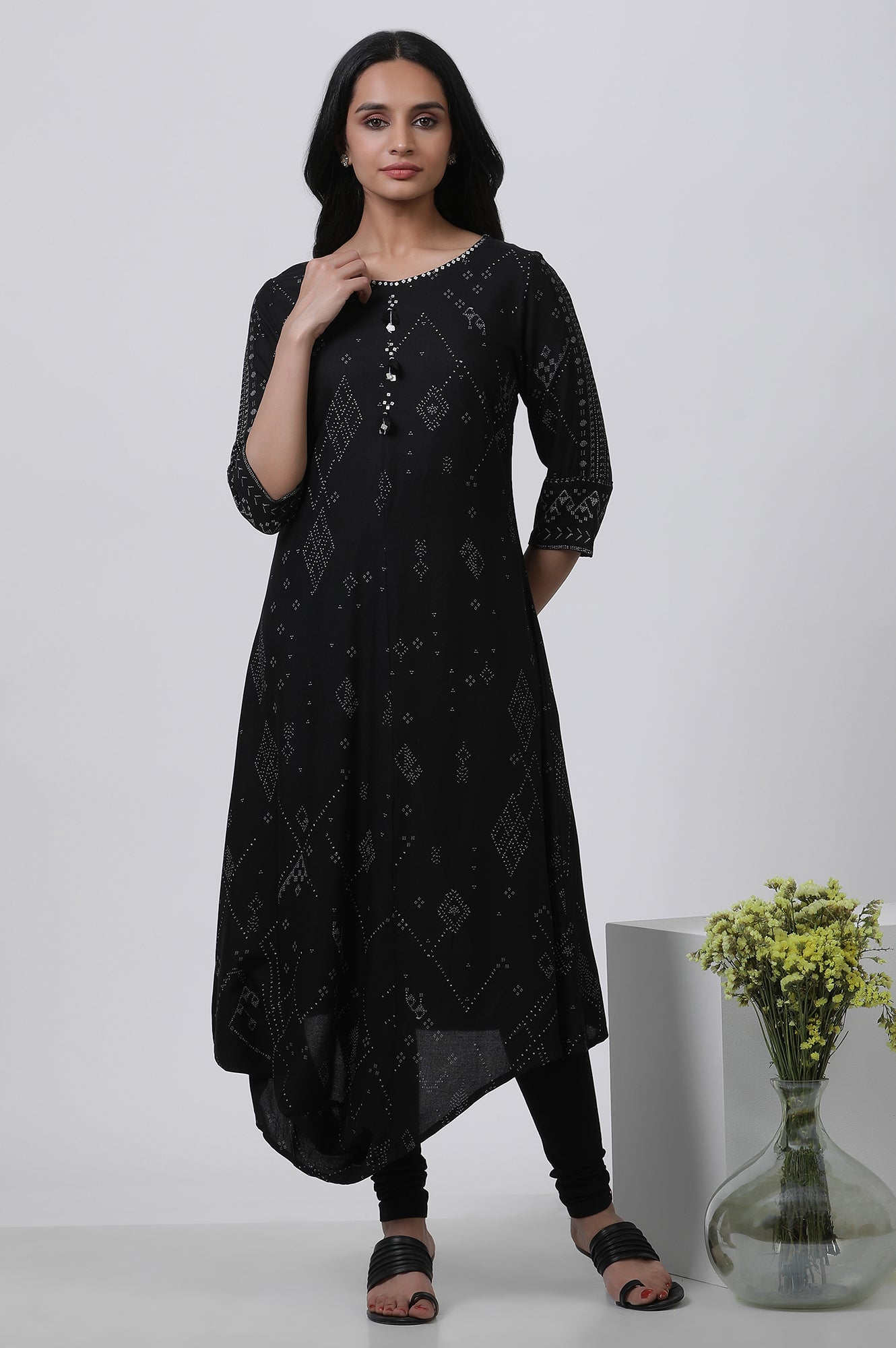 Black Printed A-Line Kurta And Churidar Set