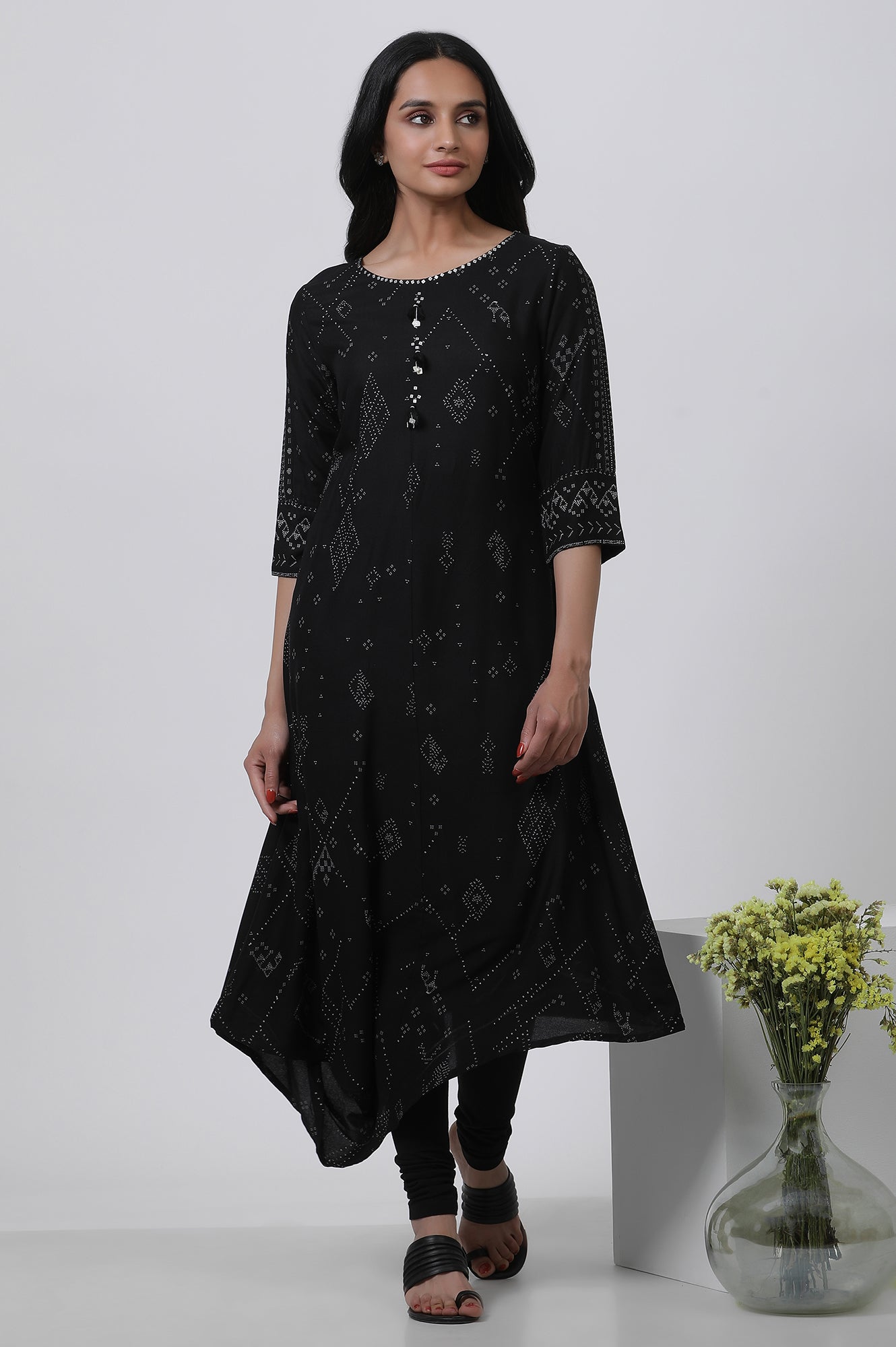 Black Printed A-Line Kurta And Churidar Set