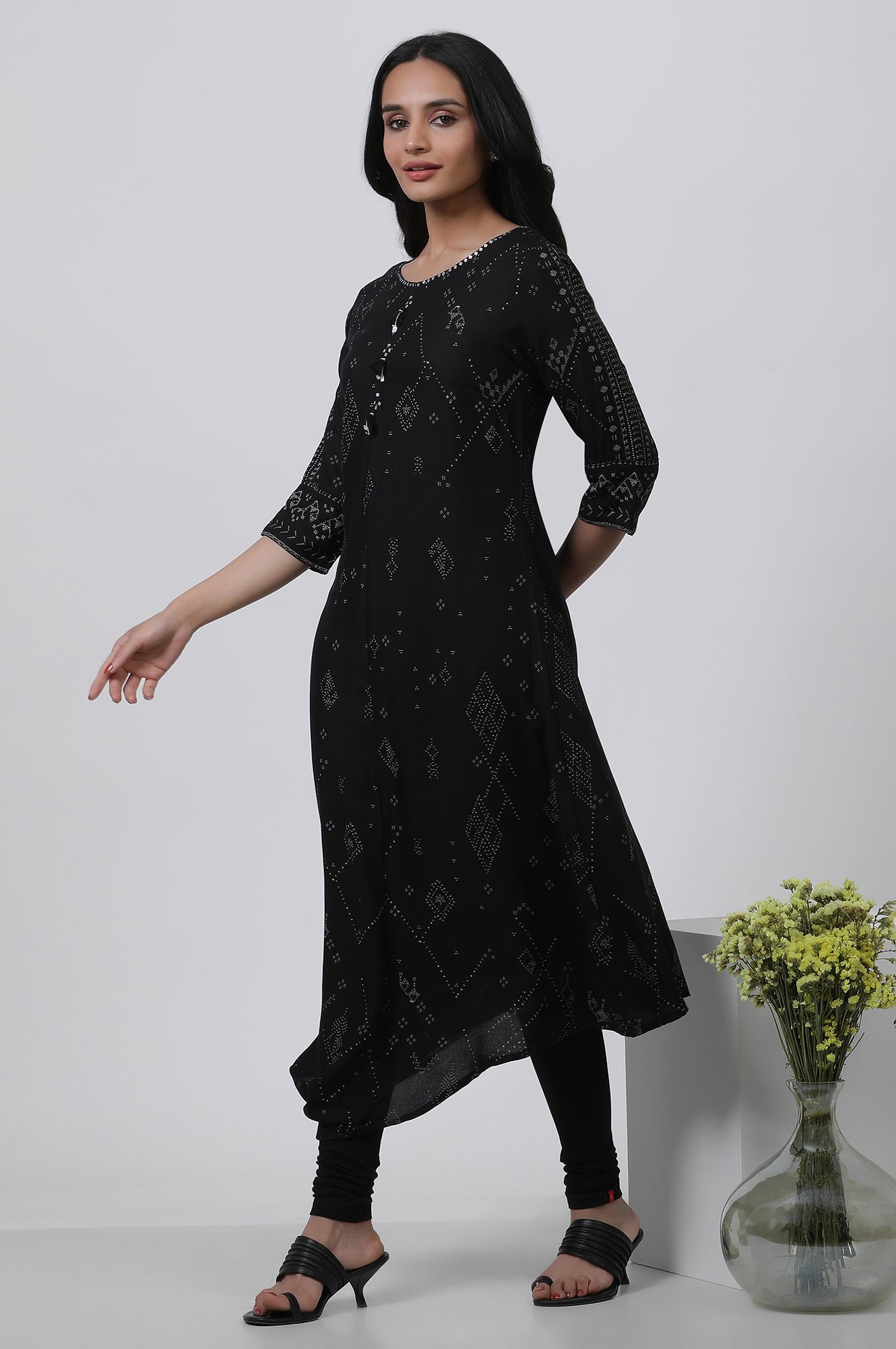 Black Printed A-Line Kurta And Churidar Set