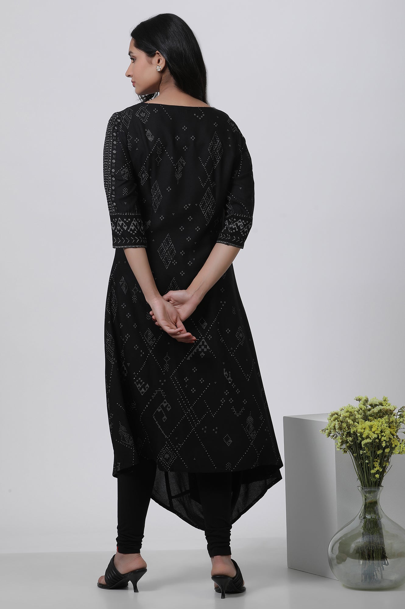 Black Printed A-Line Kurta And Churidar Set