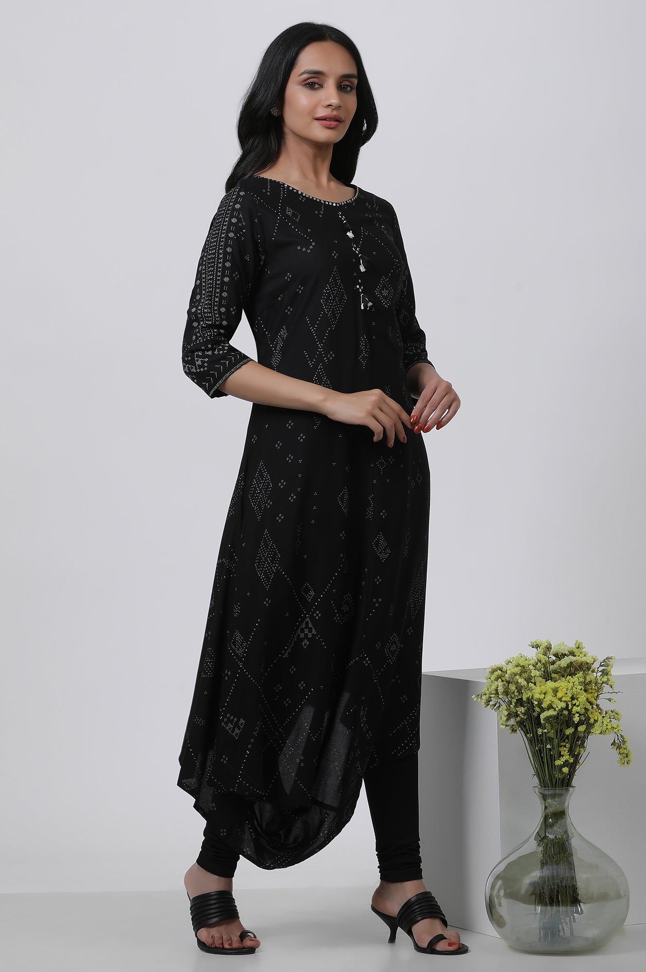 Black Printed A-Line Kurta And Churidar Set