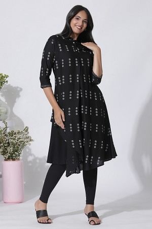 Black Printed Asymmetrical Kurta And Tights Set