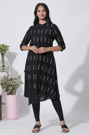 Black Printed Asymmetrical Kurta And Tights Set