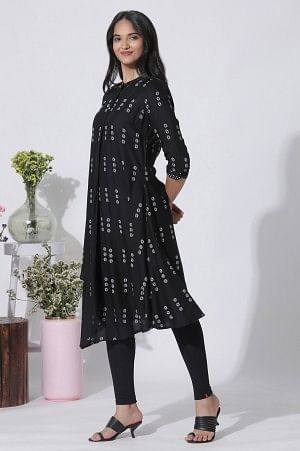 Black Printed Asymmetrical Kurta And Tights Set