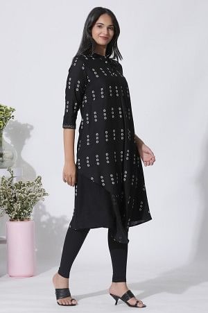 Black Printed Asymmetrical Kurta And Tights Set