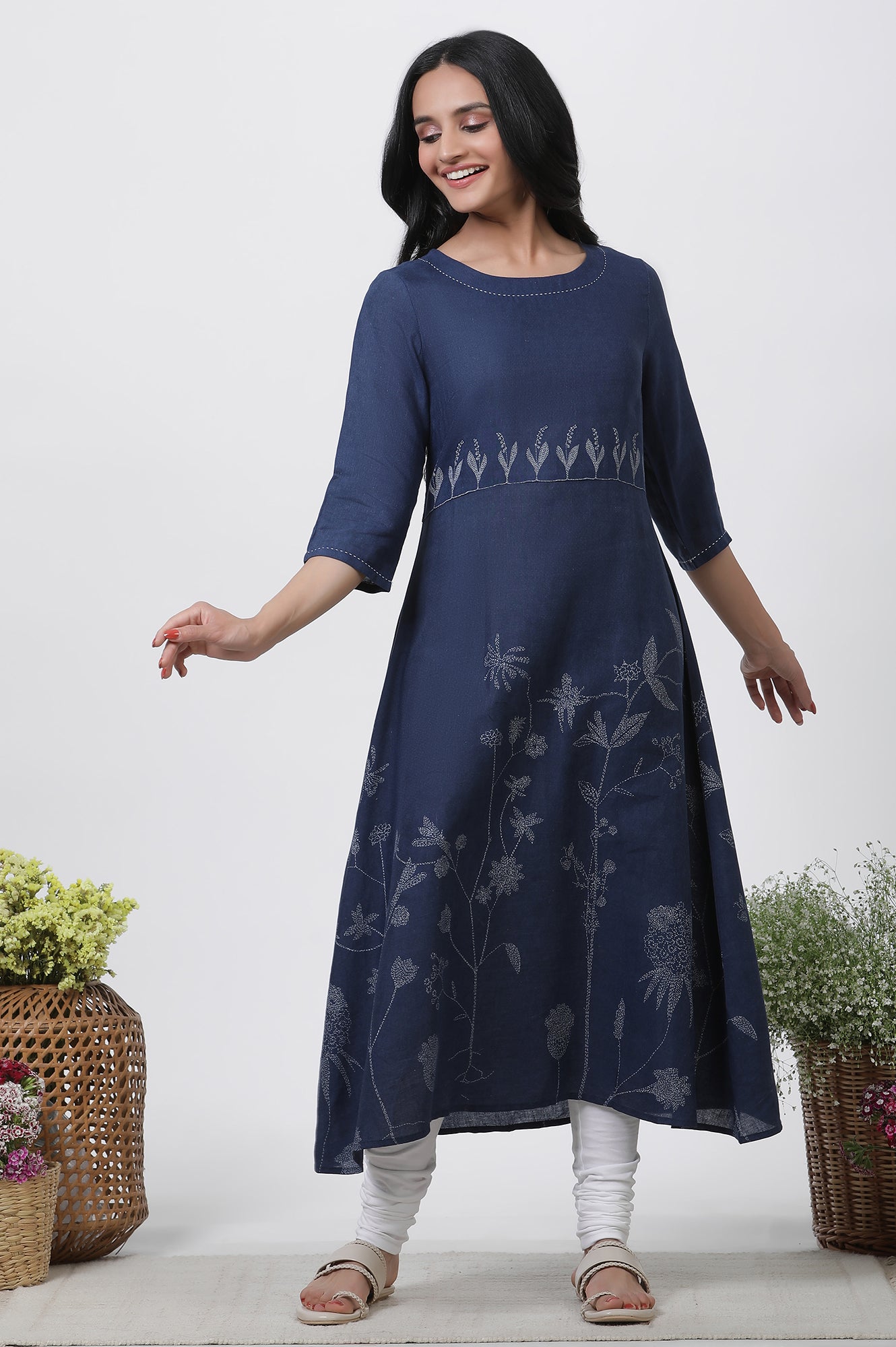 Dark Blue Kantha Kurta And Churidar Set