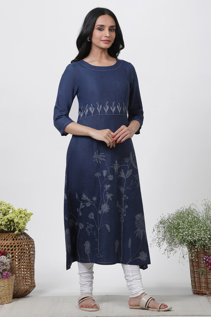 Dark Blue Kantha Kurta And Churidar Set