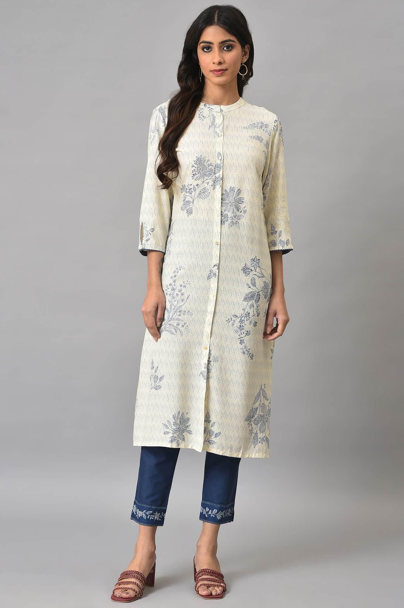 Ecru Floral Printed kurta With Blue Slim Pants - wforwoman