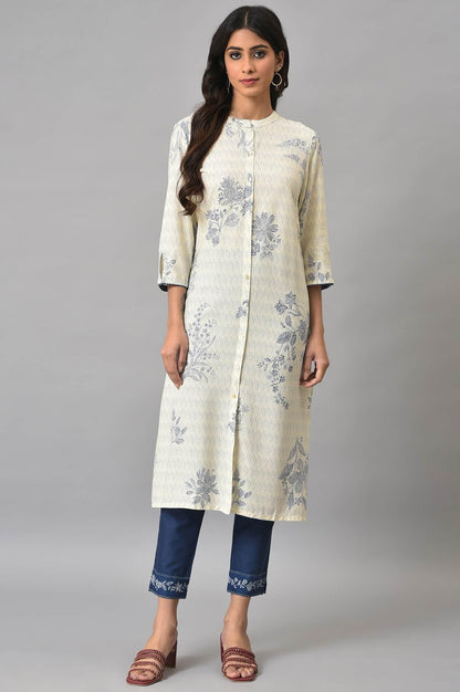 Ecru Floral Printed kurta With Blue Slim Pants - wforwoman