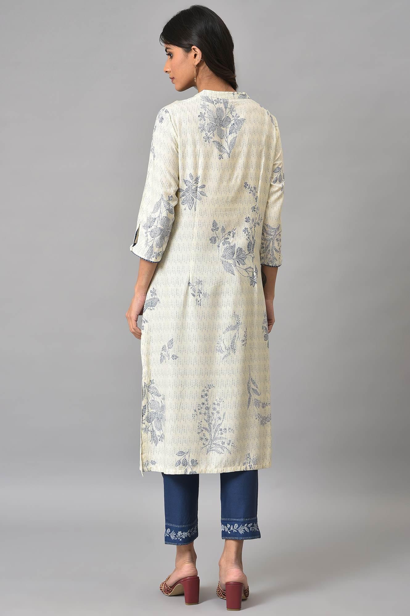 Ecru Floral Printed kurta With Blue Slim Pants - wforwoman