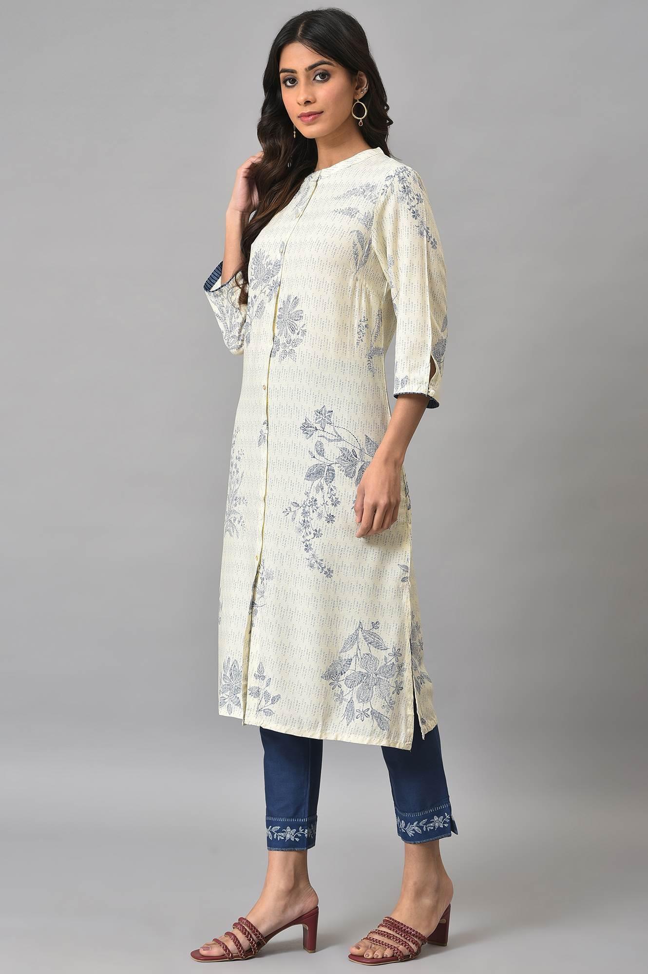 Ecru Floral Printed kurta With Blue Slim Pants - wforwoman