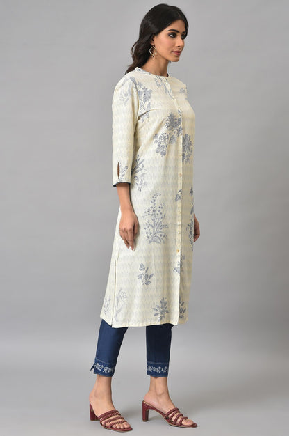 Ecru Floral Printed kurta With Blue Slim Pants - wforwoman