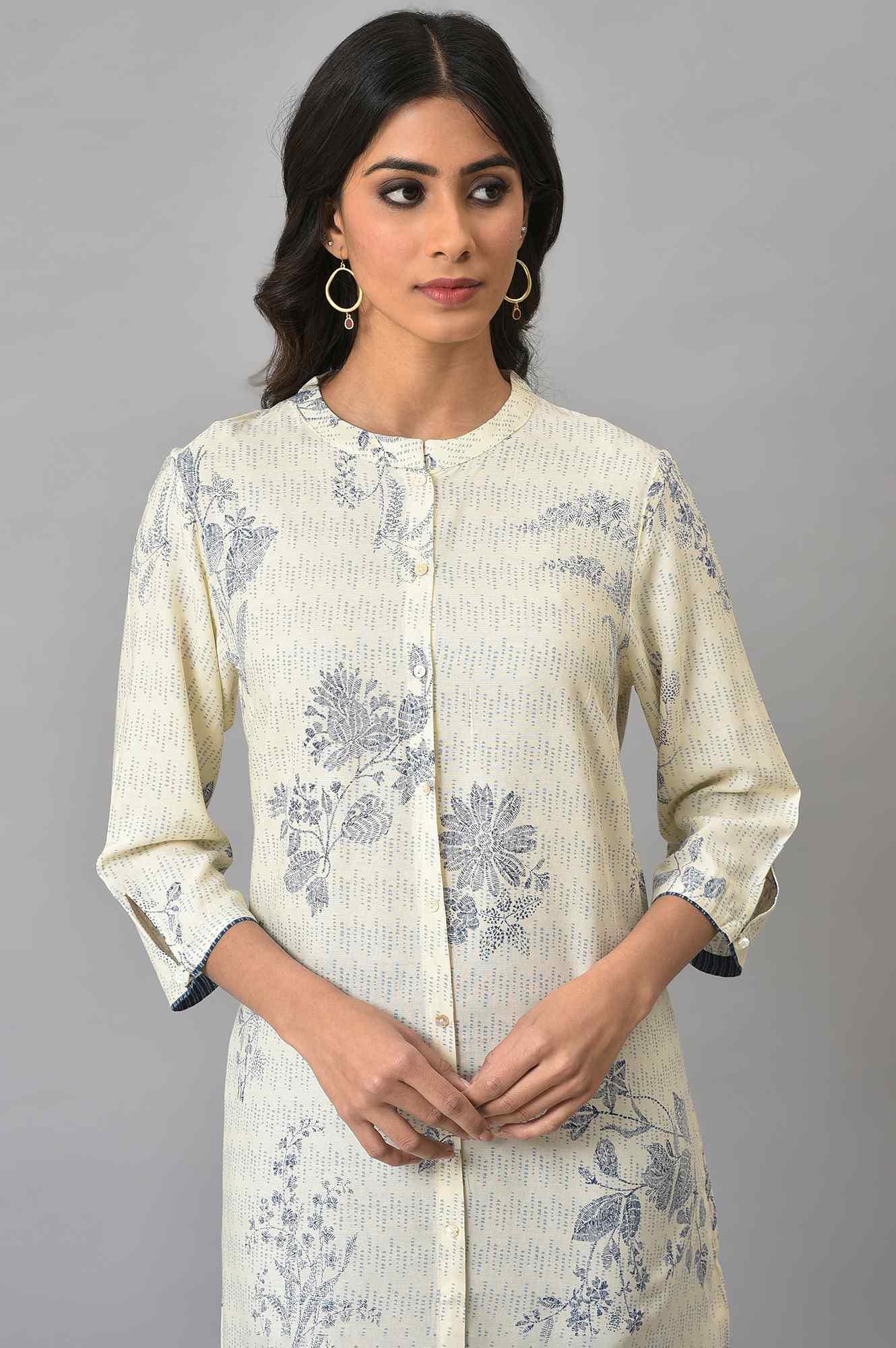 Ecru Floral Printed kurta With Blue Slim Pants - wforwoman