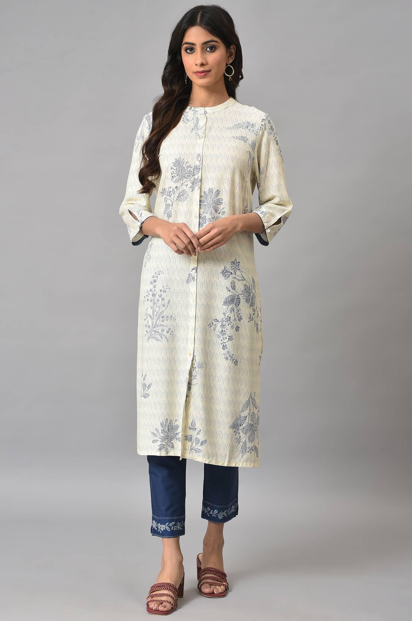 Ecru Floral Printed kurta With Blue Slim Pants - wforwoman