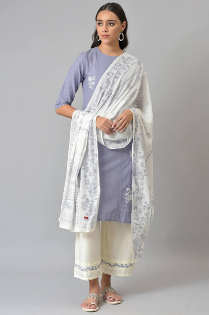 Blue Embroidered kurta With Ecru Parallel Pants And Floral Printed Dupatta - wforwoman