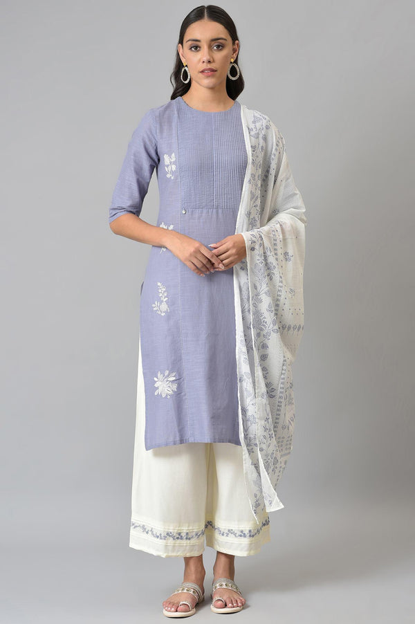 Blue Embroidered kurta With Ecru Parallel Pants And Floral Printed Dupatta