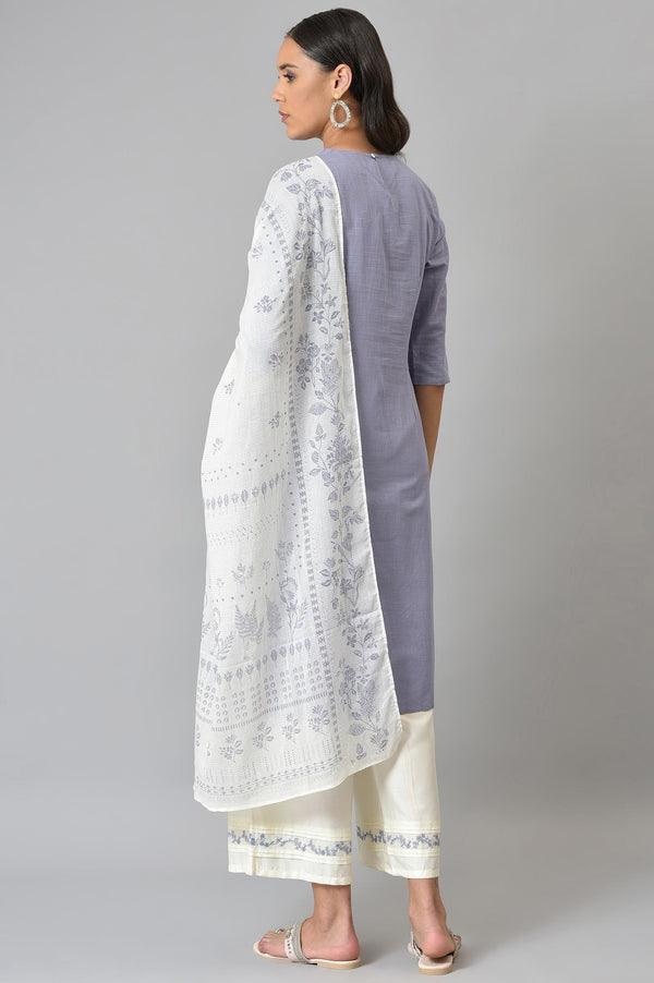 Blue Embroidered kurta With Ecru Parallel Pants And Floral Printed Dupatta