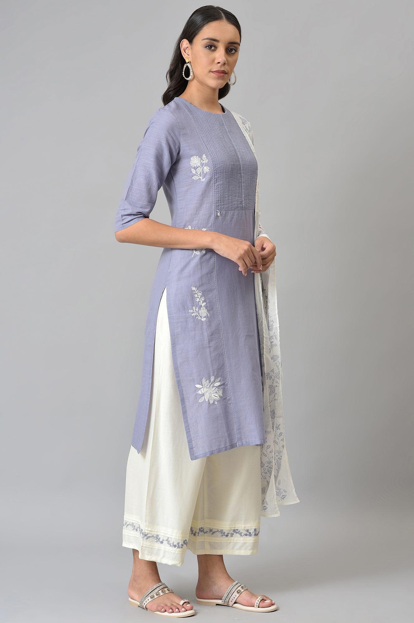 Blue Embroidered kurta With Ecru Parallel Pants And Floral Printed Dupatta - wforwoman