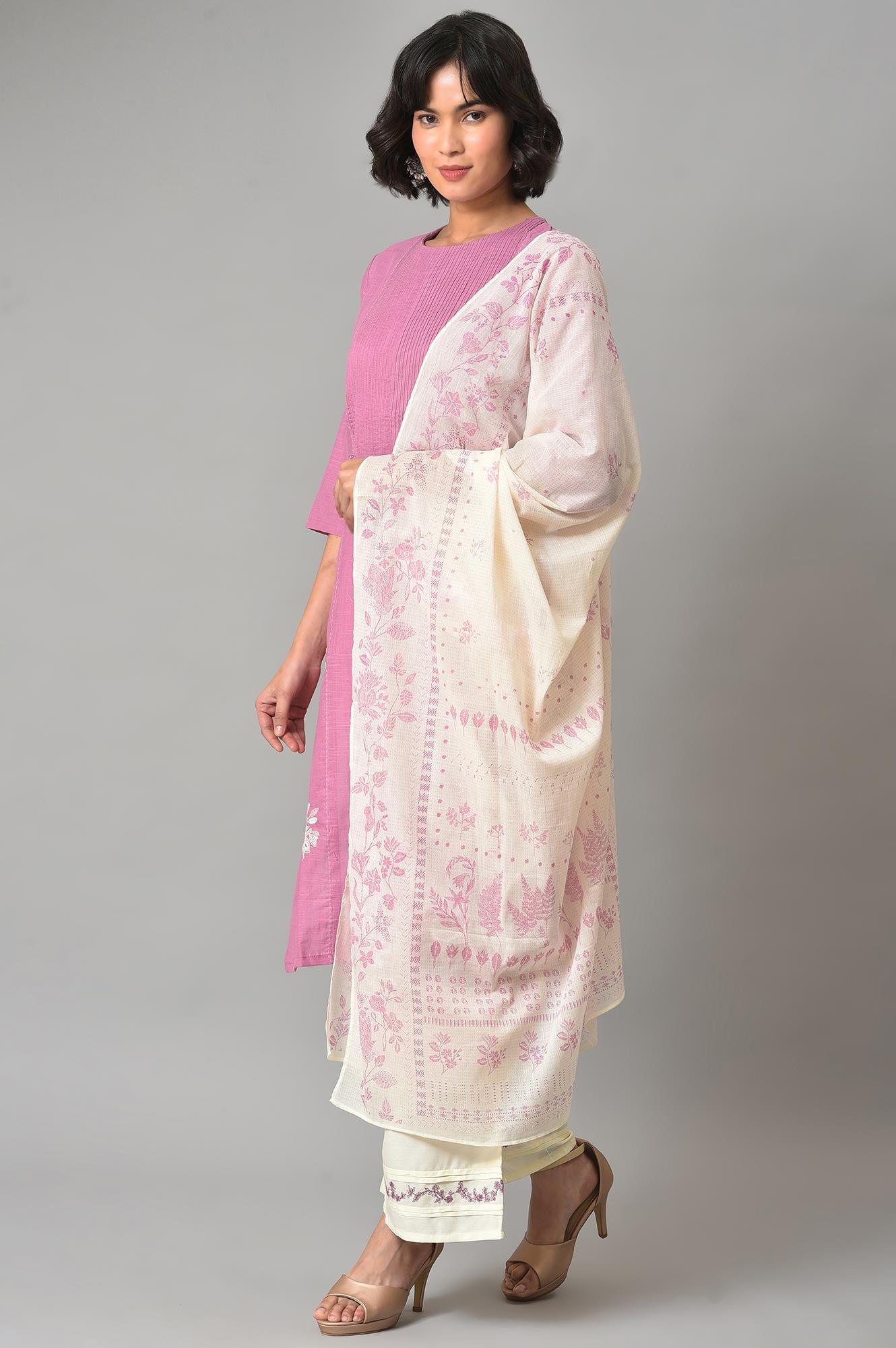 Liva Eco Pink Embroidered kurta With Off-White Pants And Dupatta Set - wforwoman