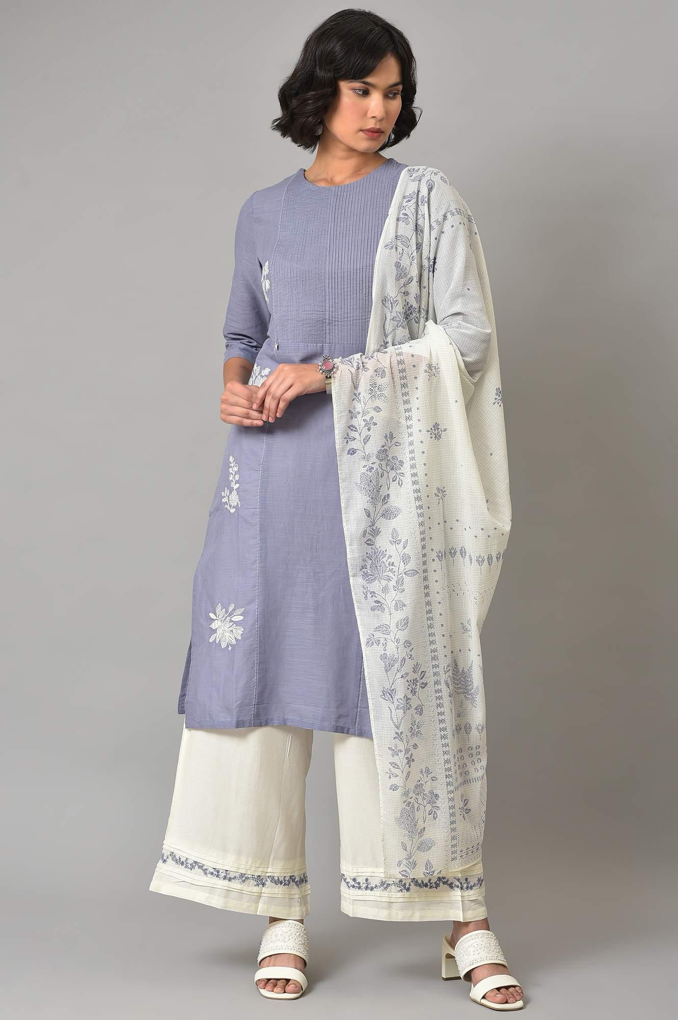 Blue Pintuck Straight kurta With Ecru Parallel Pants - wforwoman