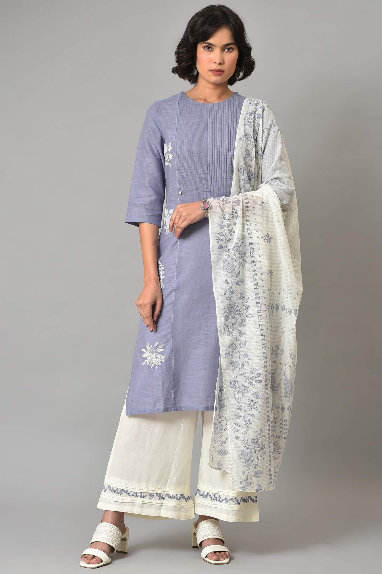 Blue Pintuck Straight kurta With Ecru Parallel Pants - wforwoman