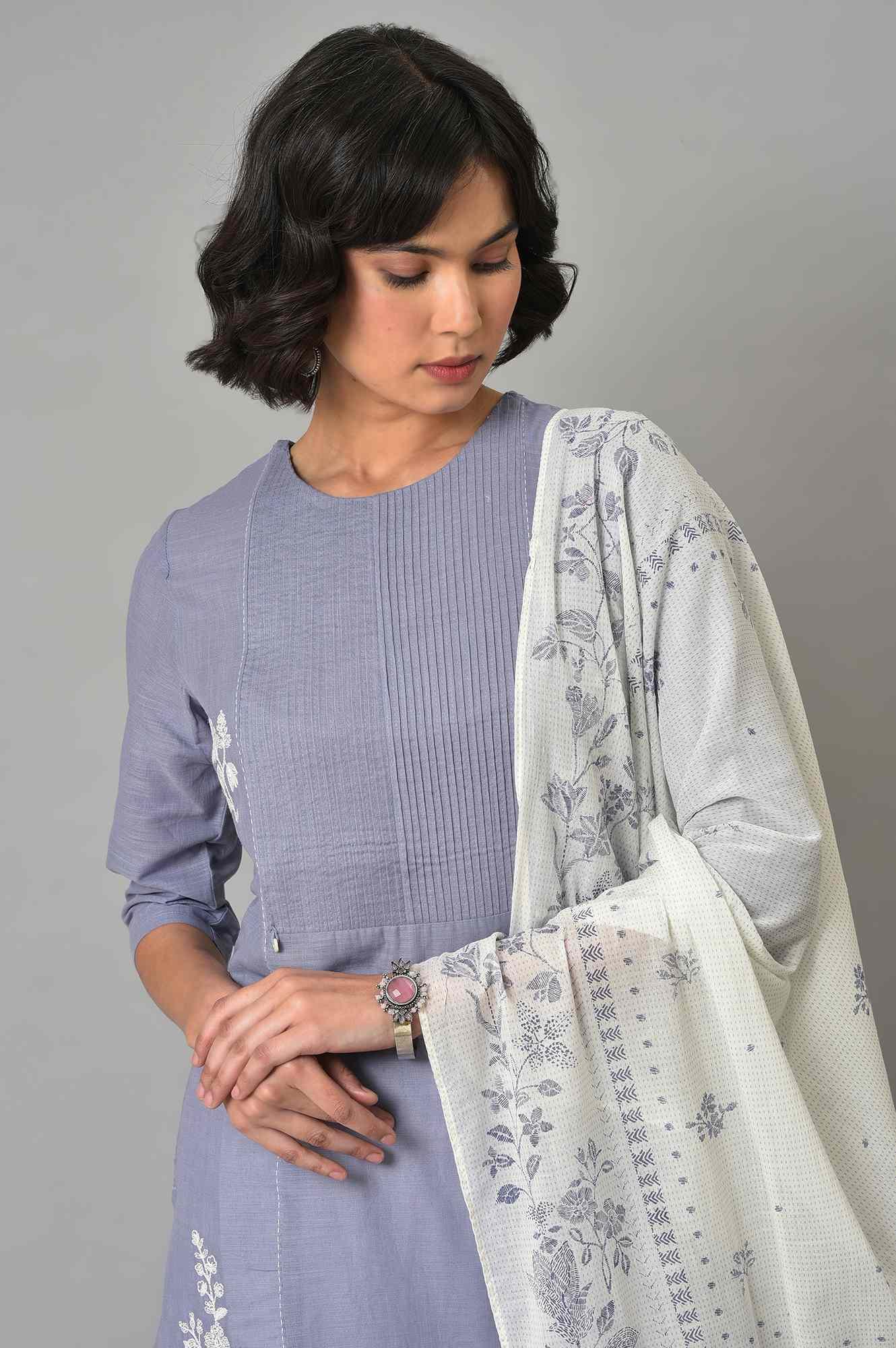 Blue Pintuck Straight kurta With Ecru Parallel Pants - wforwoman