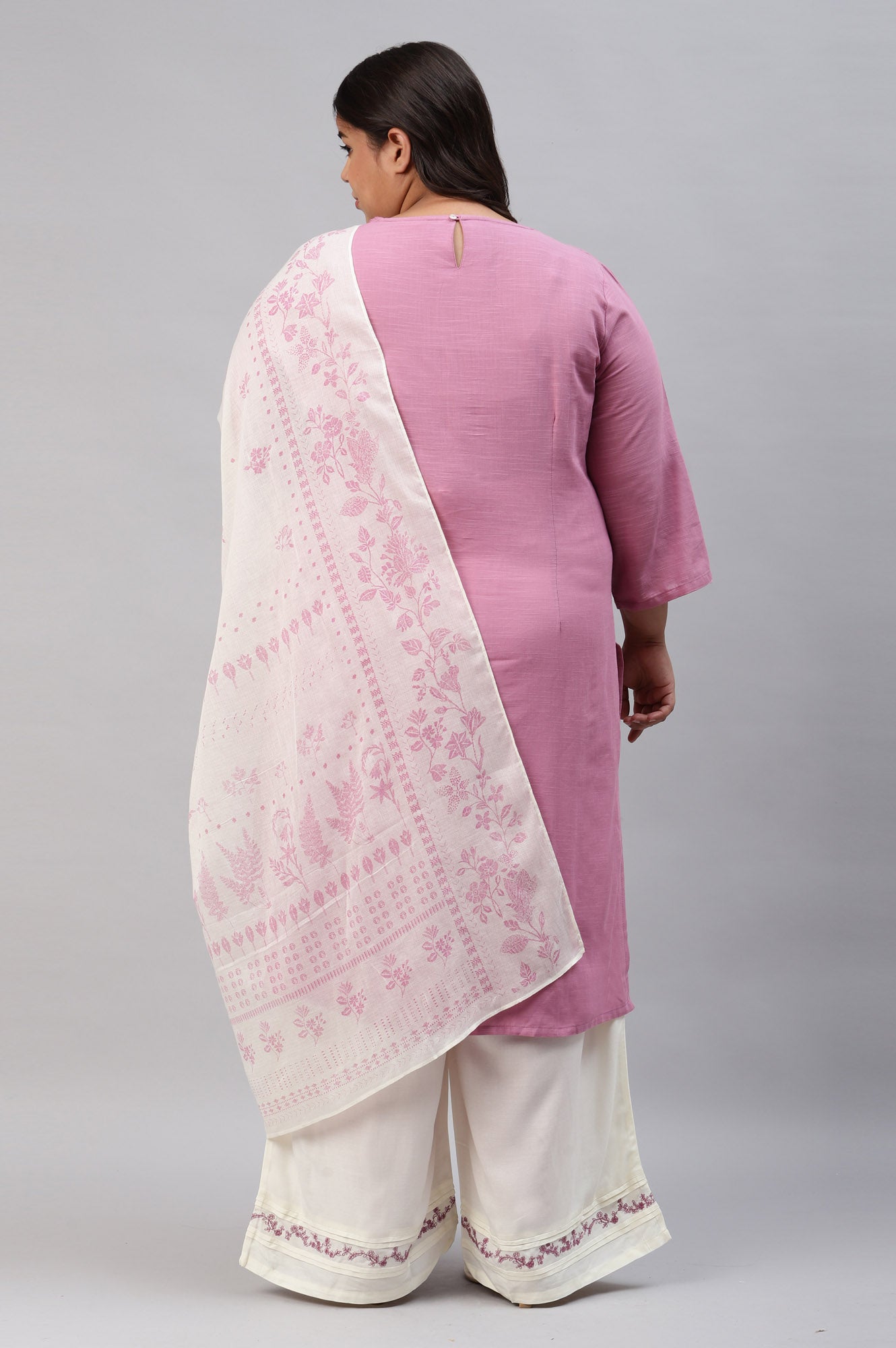 Liva Eco Plus Size Pink Embroidered kurta Off-White Pants And Dupatta Set