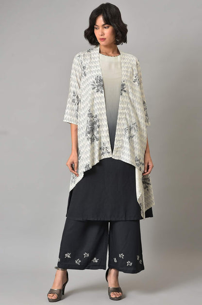 White And Deep Blue Ombre kurta With Printed Gillet And Parallel Pants - wforwoman